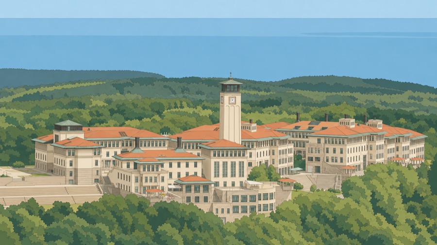 Koç Üniversitesi'nin ormanla çevrili kampüsü ve saat kulesi